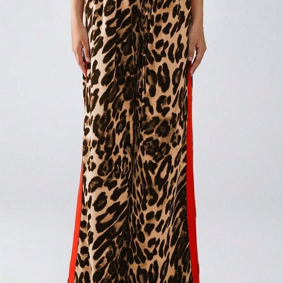 Yellow Casual Women's Leopard Print Color Block Loose Long Pants - Picture 5 of 5